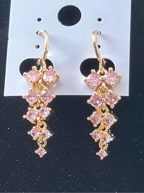 Gold Filled Pink Crystal Drop Earrings - Gold Tone